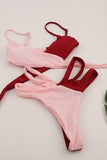 &Pink Color Block Patchwork Bandage Bikini