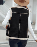 Pu Notched Collar Sleeveless Jacket Front Pocket Chain Fall and Winter Coat