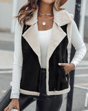 Pu Notched Collar Sleeveless Jacket Front Pocket Chain Fall and Winter Coat