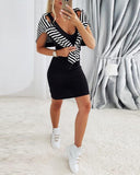 2PCS Striped V Neck Sweatshirt & Thick Strap Bodycon Dress Set