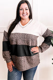 Black Leopard Print Colorblock V Neck Long Sleeve Plus Size Top