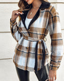 Plaid Pattern Reversible Fleece Teddy Coat Button Down Tied Detail Warm Jacket