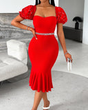 Square Neck Puff Sleeve Bodycon Beaded Fishtail Design Mini Dress Party Dress