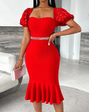 Square Neck Puff Sleeve Bodycon Beaded Fishtail Design Mini Dress Party Dress