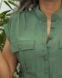 Cap Sleeve Buttoned Pocket Design Top