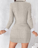 Polo V Neck Long Sleeve Fleece Lined Bodycon Dress Slit Button Decor Ribbed Mini Dress