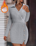 Polo V Neck Long Sleeve Fleece Lined Bodycon Dress Slit Button Decor Ribbed Mini Dress