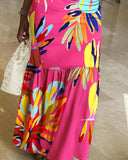 Tropical Print Halter Drawstring Maxi Dress