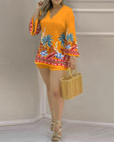 Tropical Coconut Tree Print Bell Sleeve Top & Shorts Set