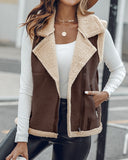 Pu Notched Collar Sleeveless Jacket Front Pocket Chain Fall and Winter Coat