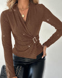 Rhinestone V Neck Skinny Sweater Front Buckle Ruched Casual Top