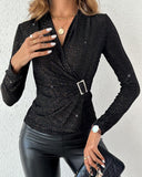 Rhinestone V Neck Skinny Sweater Front Buckle Ruched Casual Top