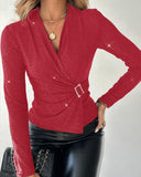 Rhinestone V Neck Skinny Sweater Front Buckle Ruched Casual Top