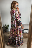 Pink Western Leopard Printed 3/4 Sleeve Buttoned Front Tiered Maxi Dress