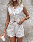 Pearls Buttoned Tweed Top & Shorts Set