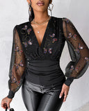 Butterfly Pattern V Neck Contrast Sequin Ruched Sheer Mesh Slim Fit Top Casual Blouse