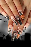 Black Halloween Pattern Long Coffin Shape False Nail Set