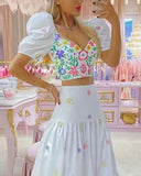 Floral Print Puff Sleeve Crop Top & Ruched Skirt Set