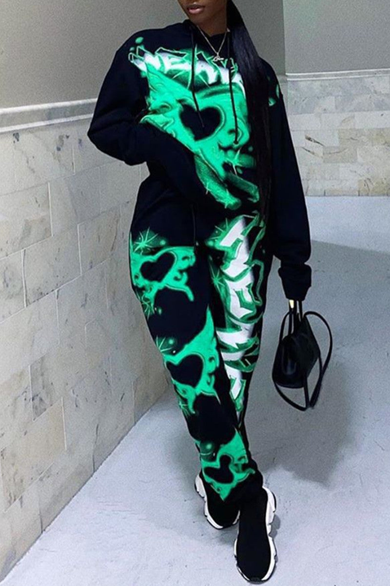 Green Fashion Casual Print Basic Hooded Collar Long Sleeve Two Pieces