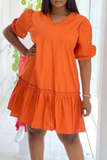 Tangerine Red Casual Solid Split Joint V Neck Cake Skirt Dresses