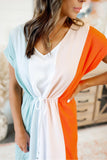 Color Block Tie Waist Rolled Short Sleeve Mini Dress with Pocket
