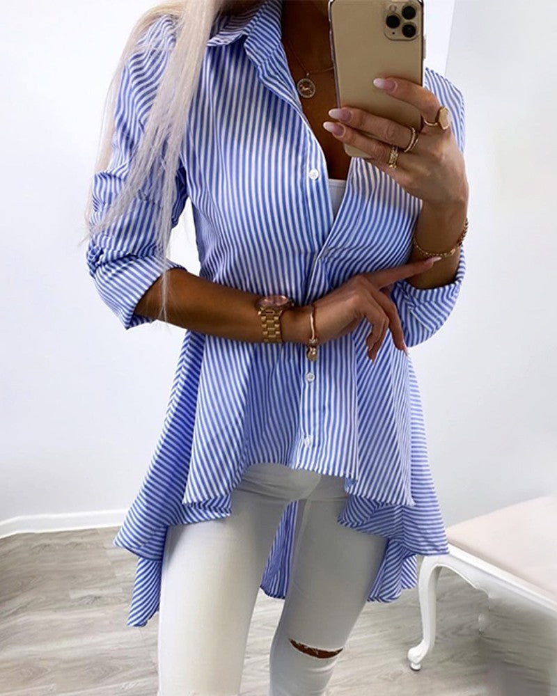 Striped Buttoned Long Sleeve Asymmetrical Top