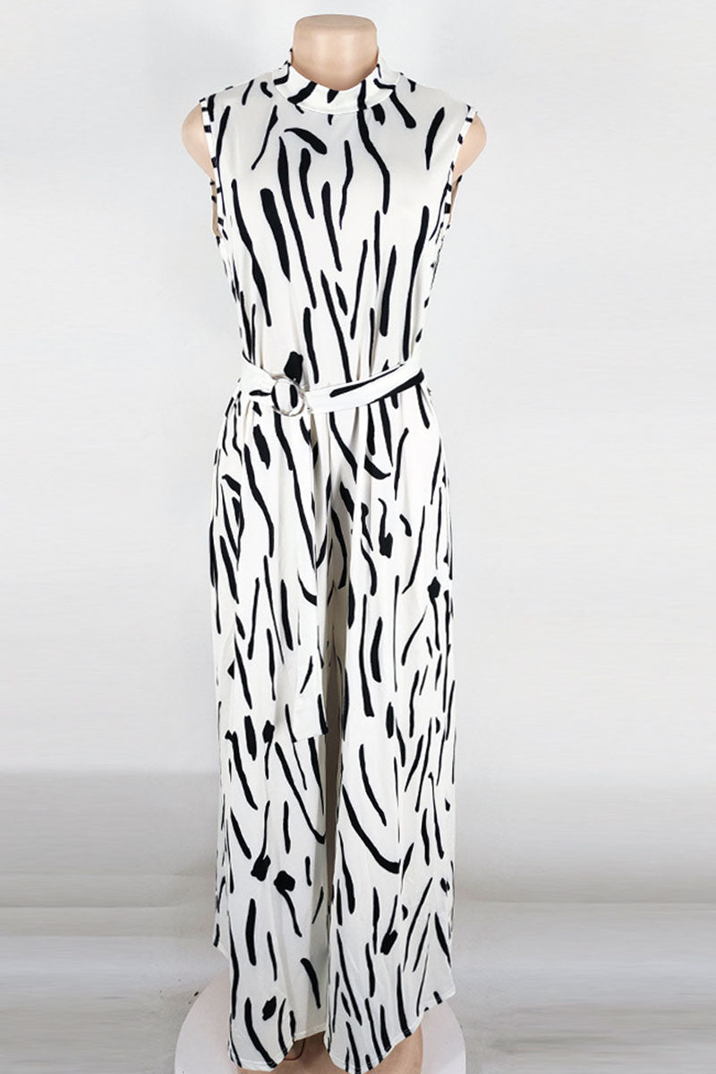 White Casual Print Split Joint With Belt Half A Turtleneck Straight Jumpsuits