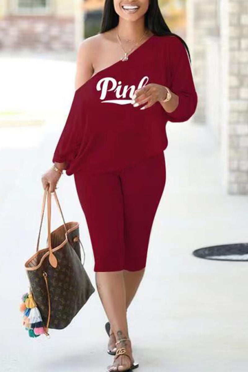 Burgundy Casual Print Split Joint Off the Shoulder Long Sleeve Two Pieces