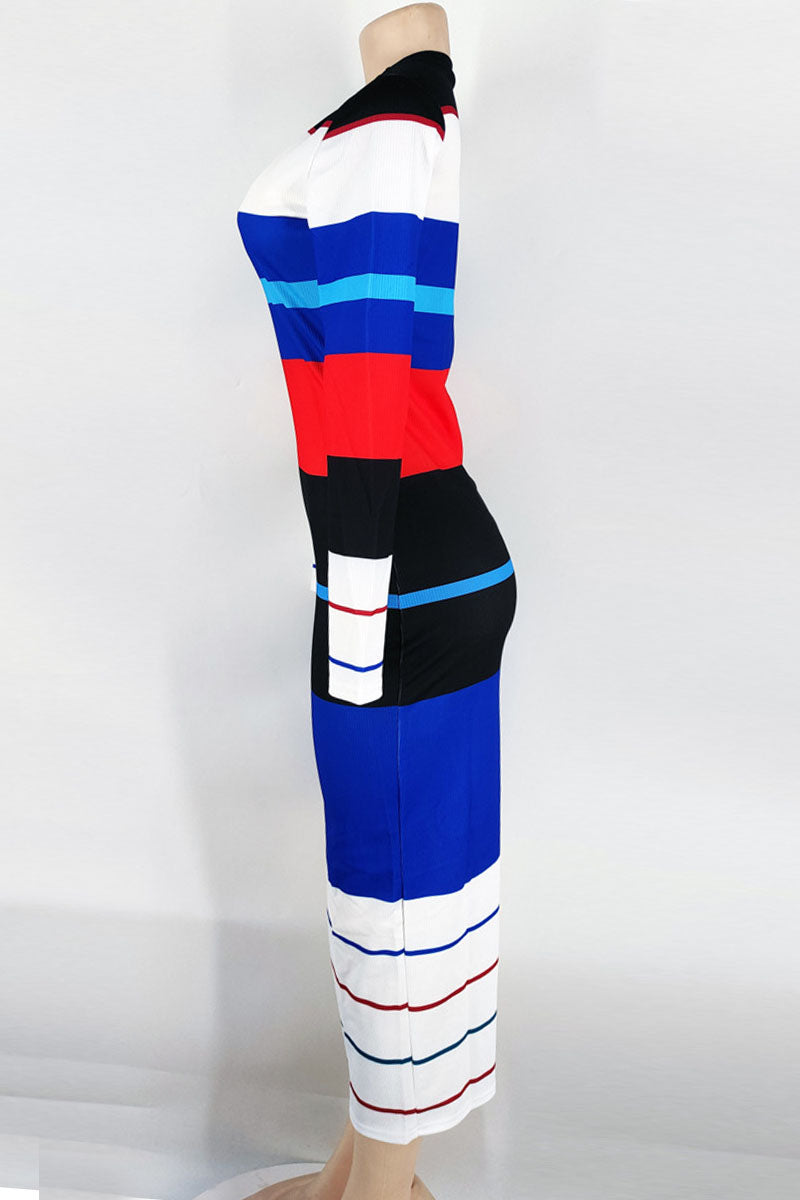 Blue Casual Striped Print Split Joint O Neck Pencil Skirt Dresses