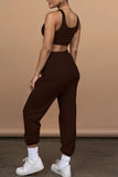 Dark Brown Casual Sportswear Solid Split Joint U Neck Sleeveless Two Pieces