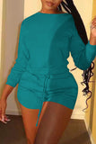 Turquoise Fashion Casual Solid Basic O Neck Long Sleeve Two Pieces