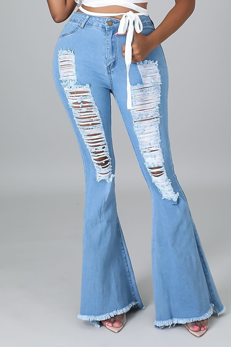 Light Blue Sexy Solid Ripped Mid Waist Boot Cut Denim Jeans