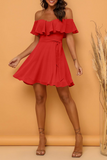 Red Casual Solid Flounce Strapless Cake Skirt Dresses