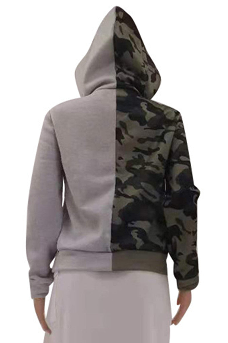 Gray Green Fashion Casual Camouflage Print Split Joint Hooded Collar Outerwear