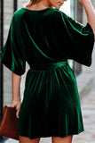 V-neck Half Sleeve Velvet Mini Dress with Belt