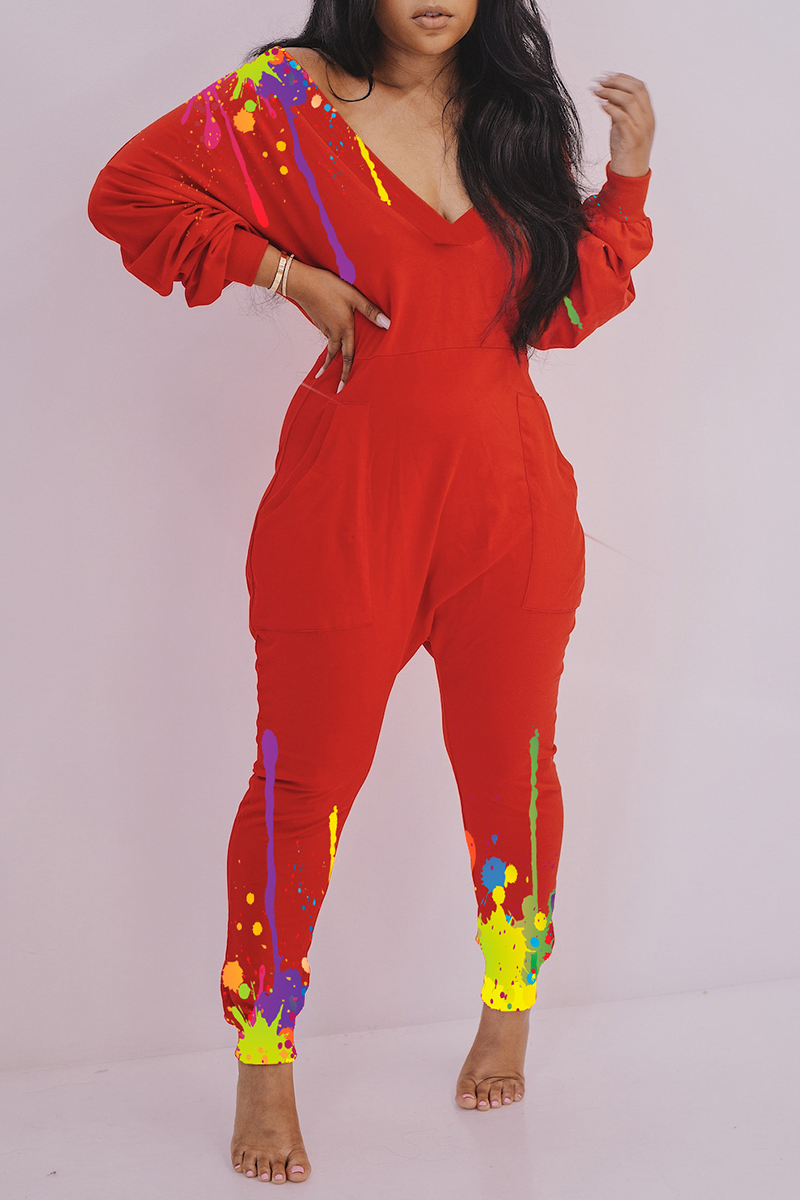 Red Casual Print Split Joint V Neck Harlan Jumpsuits