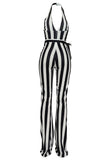 Black White Sexy Casual Striped Print Backless Halter Regular Jumpsuits