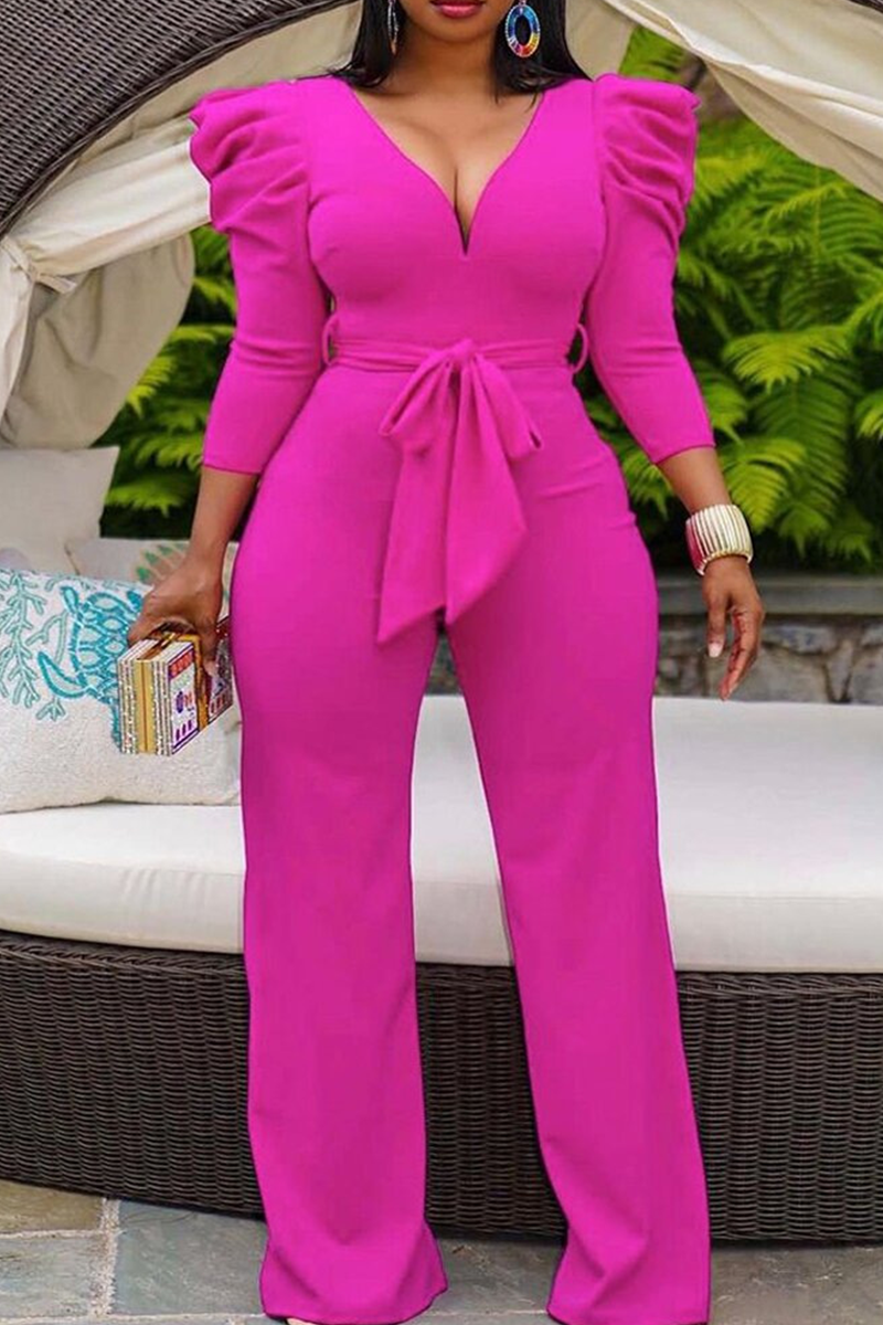 Rose Red Casual Solid Flounce V Neck Boot Cut Jumpsuits