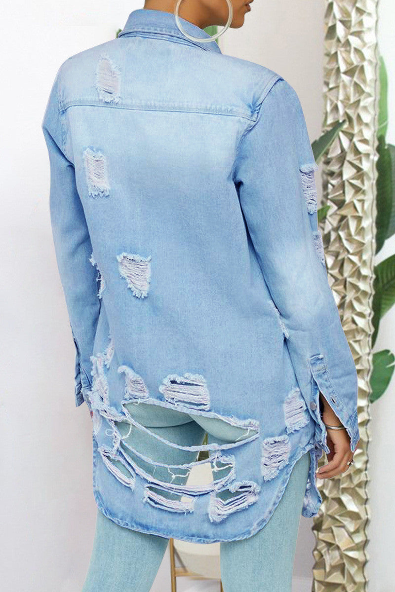 Light Blue Fashion Casual Butterfly Print Ripped Turndown Collar Long Sleeve Regular Denim Jacket