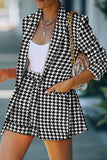 Black Casual Plaid Print Split Joint Turn-back Collar Long Sleeve Two Pieces