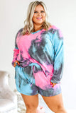 Multicolor Tie-dyed Long Sleeve Top and Shorts Plus Size Lounge Wear