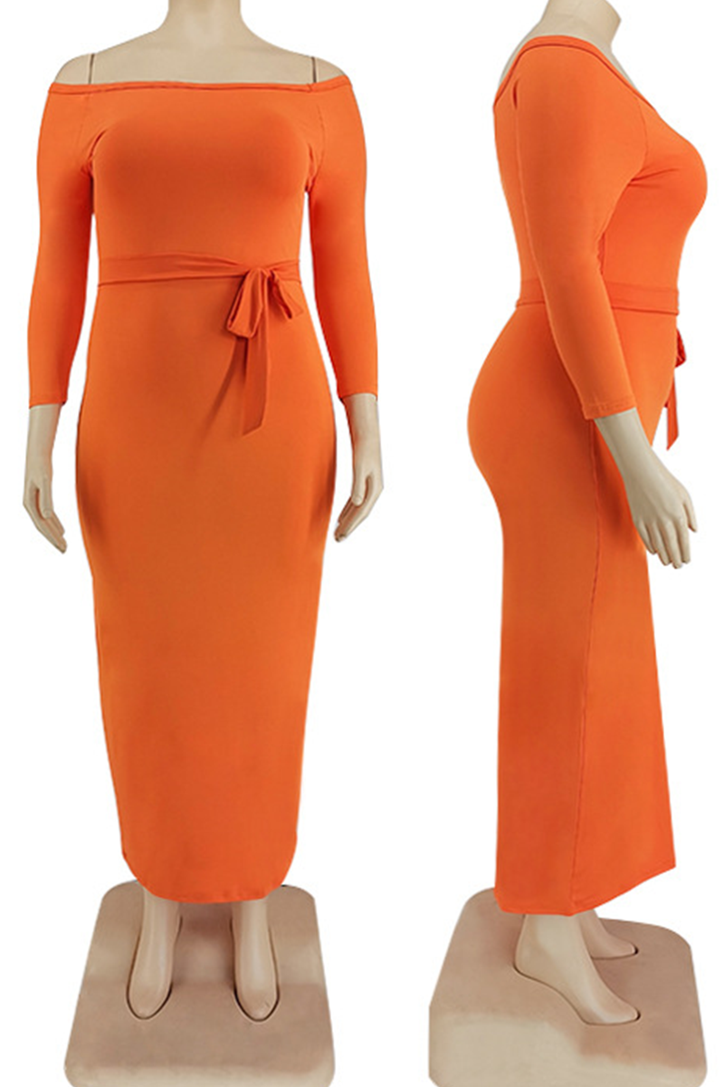 Orange Casual Solid Split Joint U Neck Pencil Skirt Plus Size Dresses