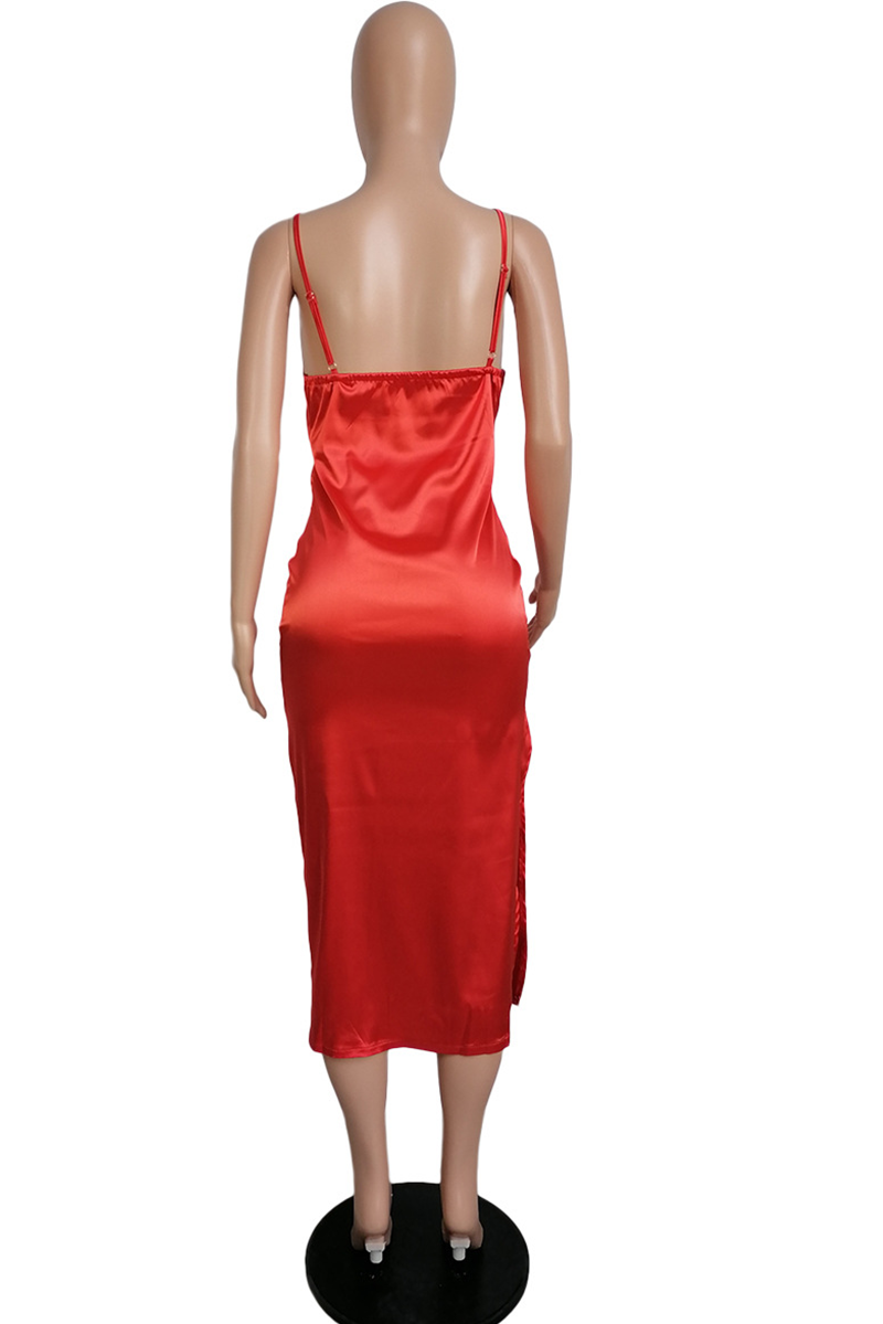 Tangerine Red Sexy Solid Split Joint Spaghetti Strap Pencil Skirt Dresses