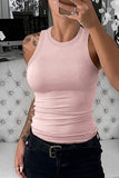 Solid Pink Round Neck Ribbed Tank Top