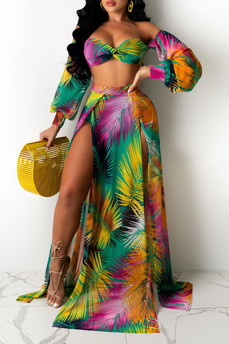 Colour Sexy Print Split Joint Strapless Long Sleeve Two Pieces