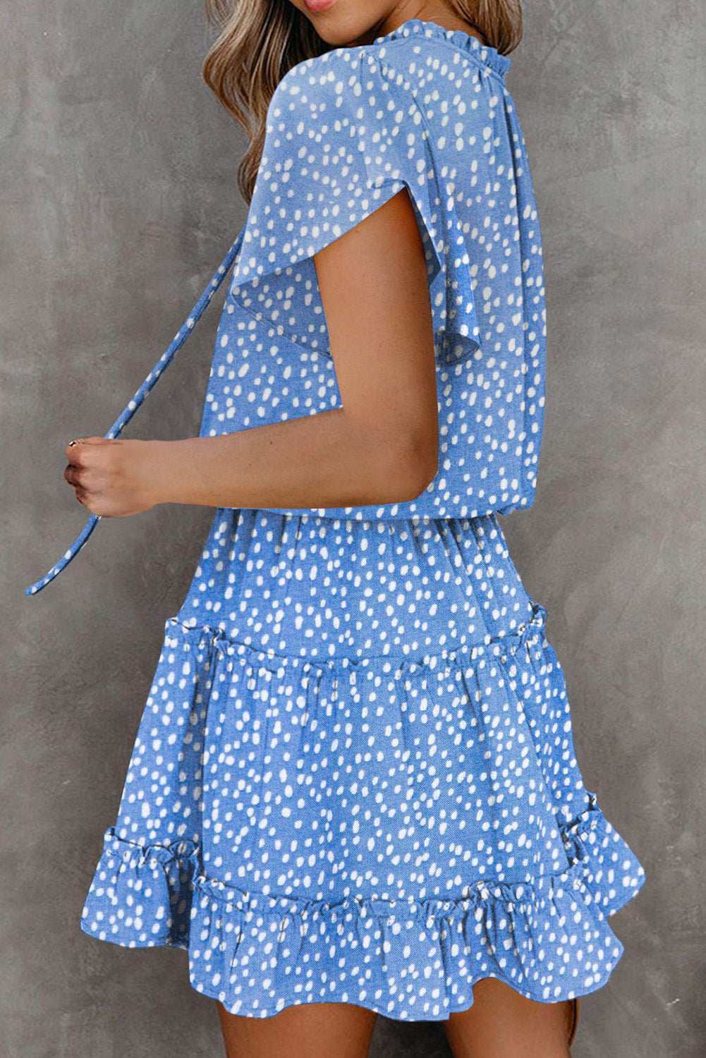 Dotted Print Split Neck Flutter Sleeve Flowy Tunic Mini Dress