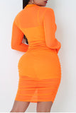 Tangerine Red Sexy Solid Split Joint See-through Fold O Neck Long Sleeve Three Pieces