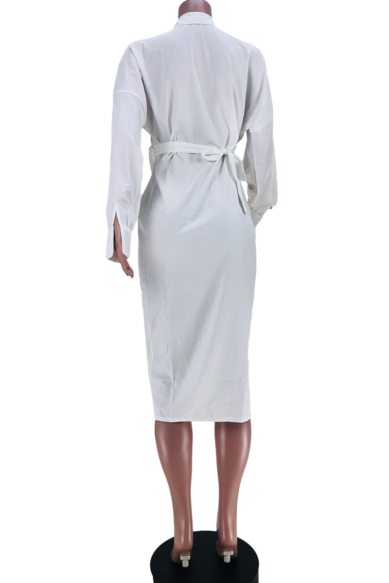 White Casual Solid Split Joint Turndown Collar Shirt Dress Dresses