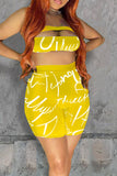 Yellow Sexy Letter Print Hollowed Out Split Joint Strapless Sleeveless Two Pieces