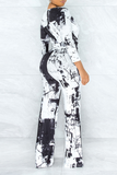 Black Casual Patchwork Tie-dye V Neck Straight Jumpsuits